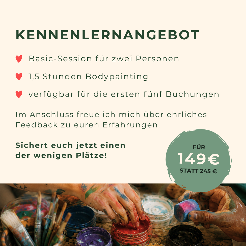 Kennenlernangebot: Jetzt einen der begrenzten Plätze sichern und 1,5 Stunden Bodypainting für zwei Personen zum vergünstigten Preis buchen. Statt 245 Euro nur 149 Euro.