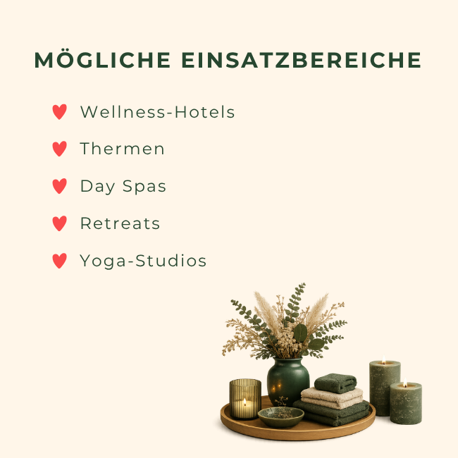 Mögliche Einsatzbereiche: Wellness-Hotels, Thermen, Day Spas, Retreats, Yoga-Studios.
